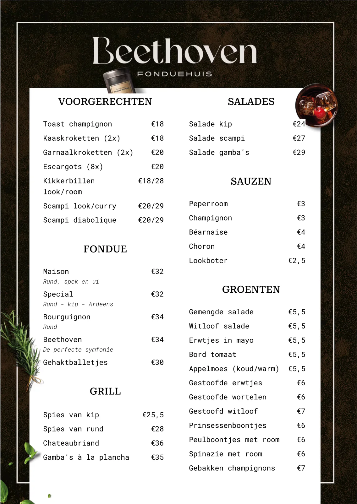 Menukaart Fonduehuis Beethoven